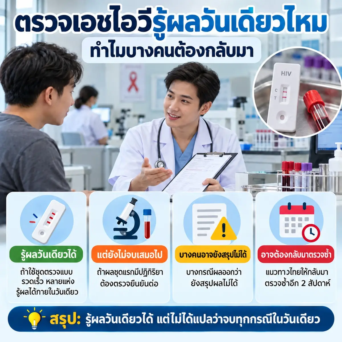 ตรวจเอชไอวีรู้ผลวันเดียวไหม ทำไมบางคนต้องกลับมา