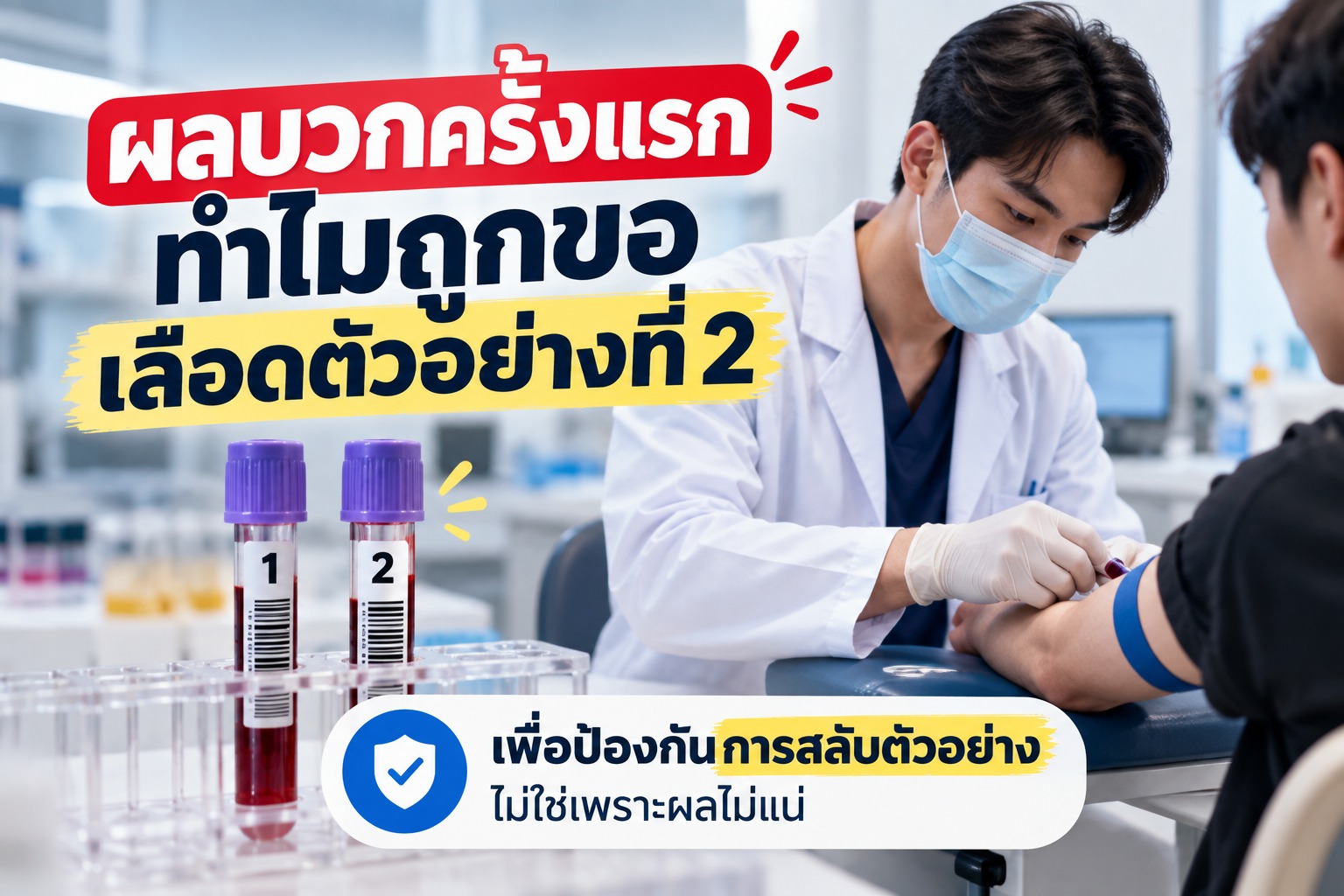 ภาพการเจาะเลือดตัวอย่างที่ 2 หลังพบผลบวกครั้งแรก เพื่อยืนยันตัวบุคคลและป้องกันความผิดพลาดจากการสลับตัวอย่าง ไม่ได้หมายความว่าผลแรกไม่น่าเชื่อถือ