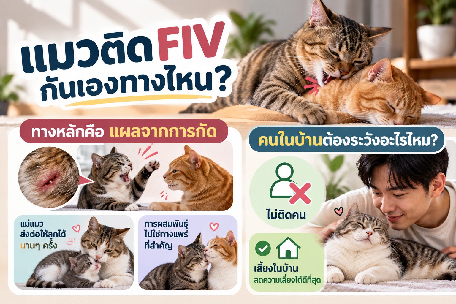 ภาพอธิบายว่า FIV แพร่ระหว่างแมวหลัก ๆ ผ่านแผลกัด คนในบ้านไม่ติดเชื้อจากแมว และการเลี้ยงในบ้านช่วยลดความเสี่ยงได้