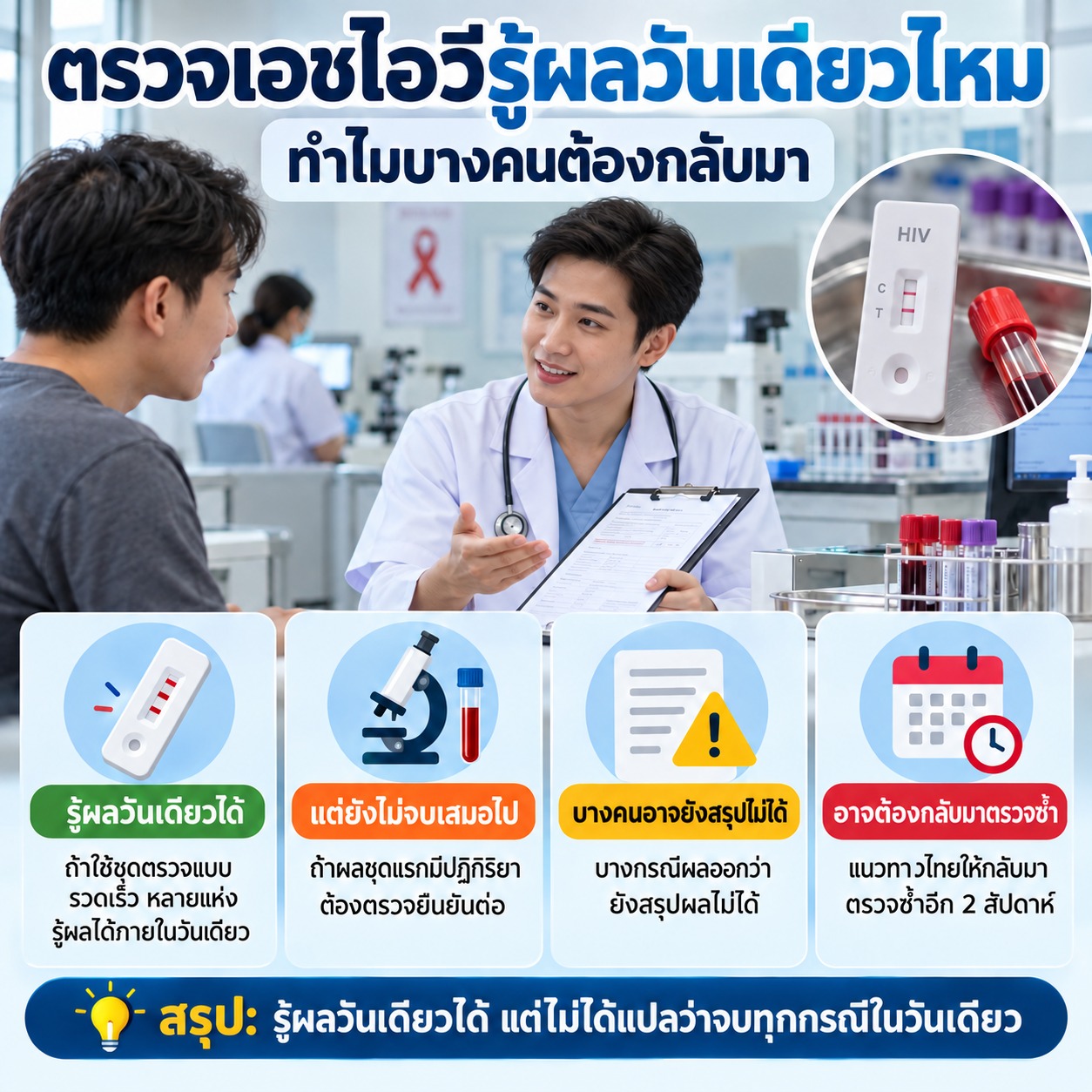 ตรวจเอชไอวีรู้ผลวันเดียวไหม ทำไมบางคนต้องกลับมา